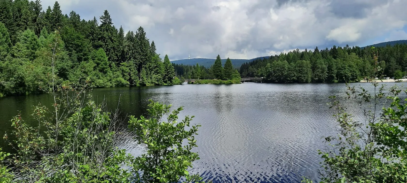 Ein von Nadelwald umschlossener See unter Wolkenhimmel, dahinter bewaldete Höhenzüge.
