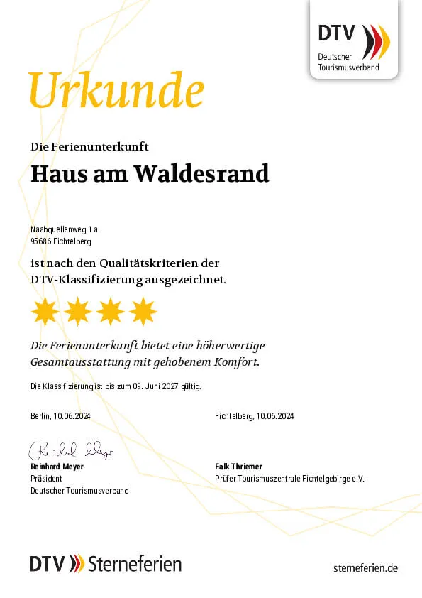 DTV-Urkunde: Haus am Waldesrand, mit vier Sternen klassifiziert.