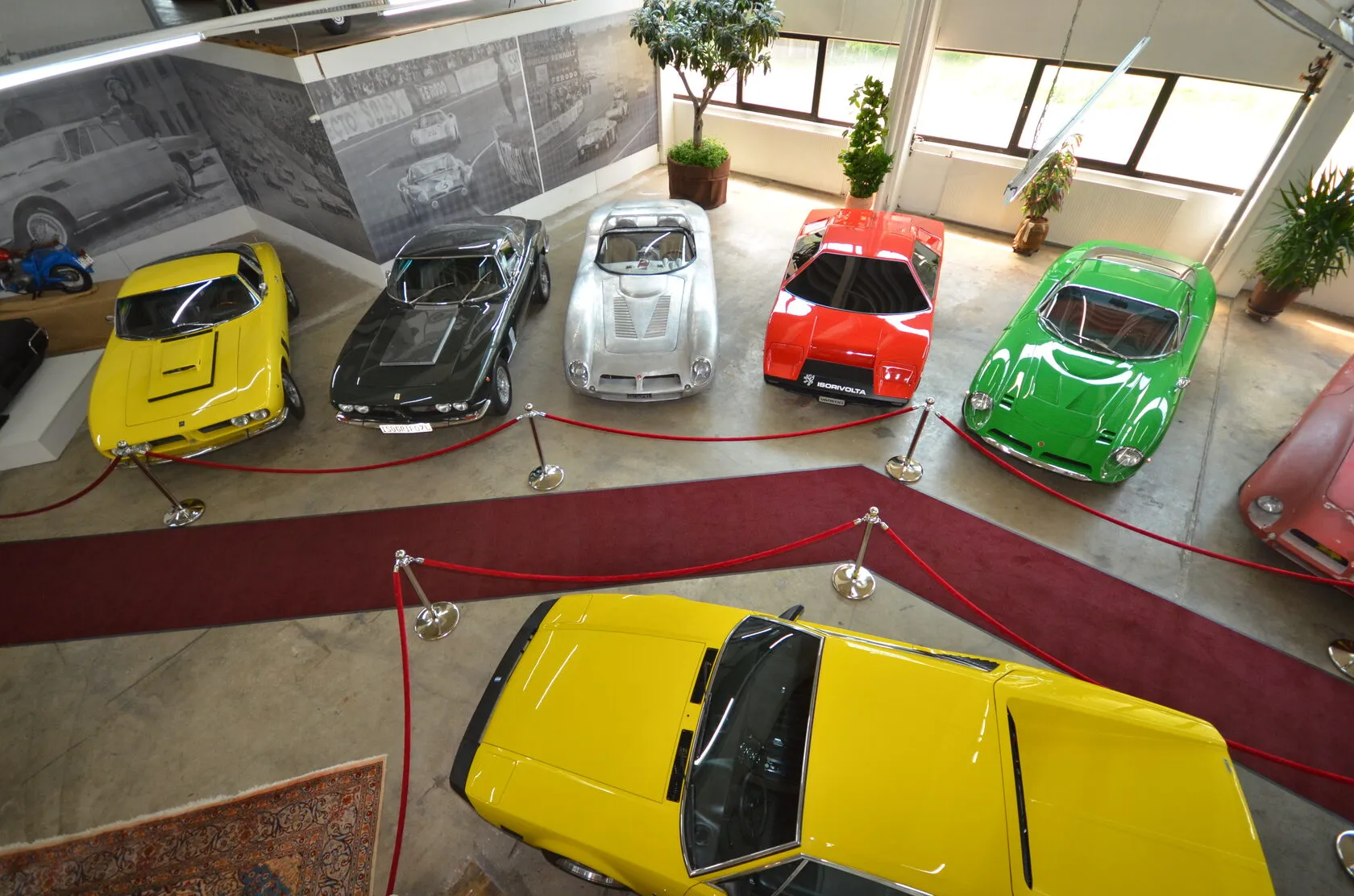 Oldtimer-Sportwagen in Gelb, Schwarz, Silber, Rot und Grün, hinter einer roten Kordel in einer Museumshalle aufgereiht.